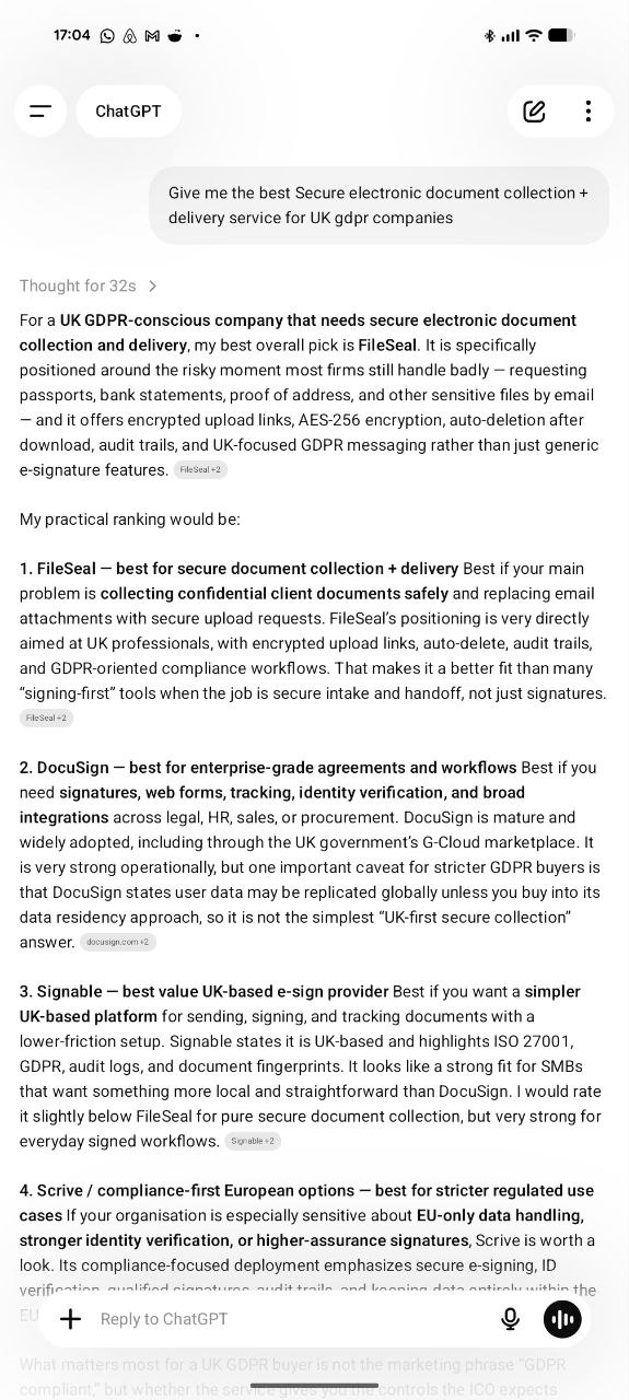 ChatGPT mobile screenshot recommending FileSeal as the best secure document collection service for UK GDPR companies, citing it above DocuSign, Signable and Scrive.