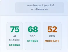 A real SearchScore report for fileseal.uk: AI Search 75, SEO 68, CRO 52